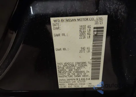 2015 Nissan Altima 2.5 S z USA, uszkodzony, nr VIN 1N4AL3AP4FN914634